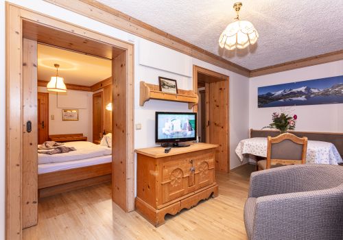 Wohnbereich mit Fernseher und Durchgang zum Schlafzimmer