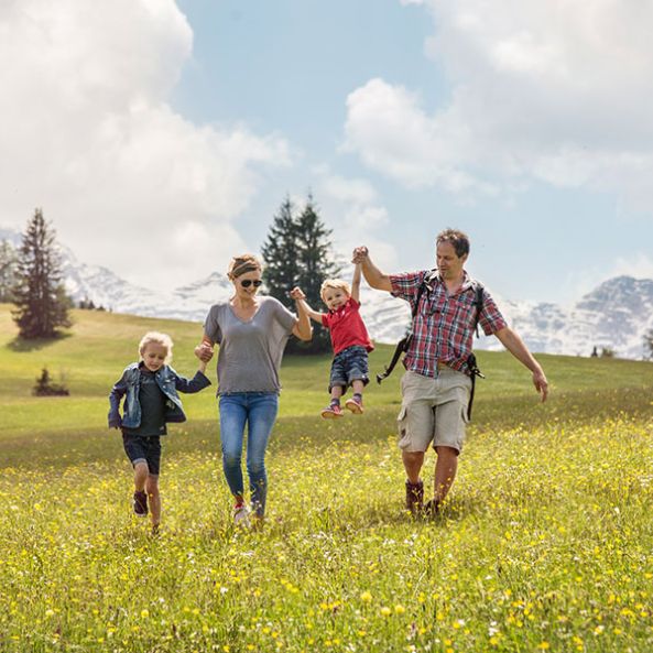 Familie beim Wandern auf einer Bergwiese